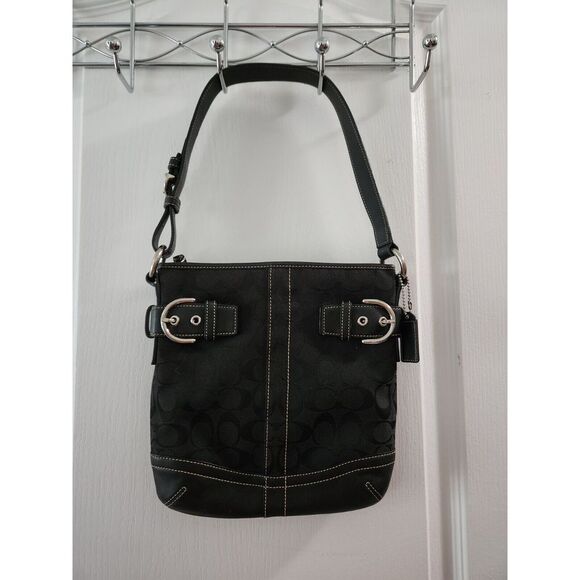 Coach Womens Signature Jacquard Black Fabric With Leather Shoulder Bag C06M-3577 - Picture 1 of 11